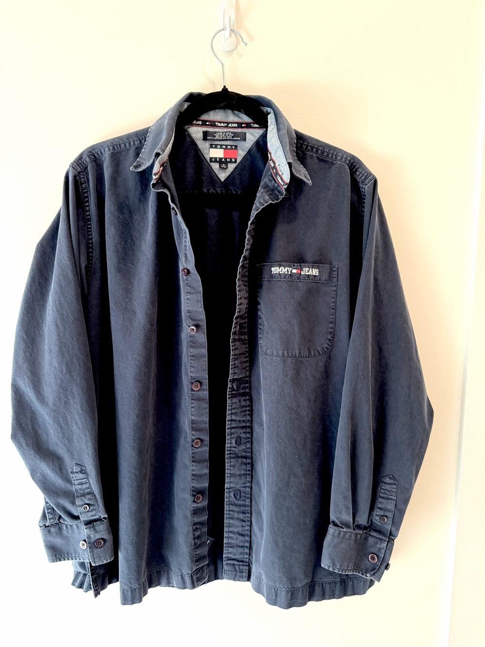 Vintage 90s Tommy Jeans Navy Blue Button Down Twill Shirt Size S Spellout Logo